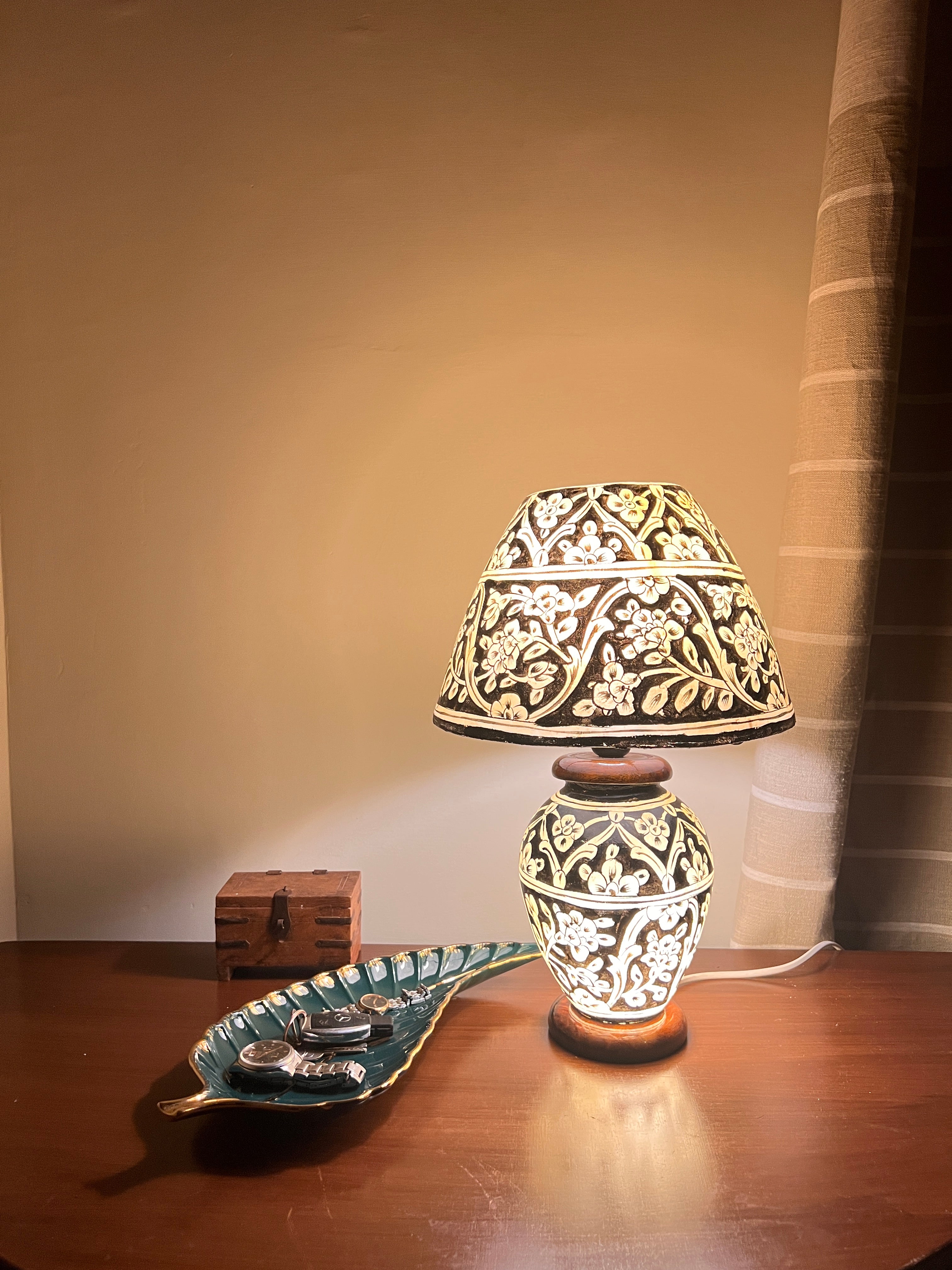 Hand-Painted Camel Skin Table Lamp - Black & White Floral Design (24 inch)