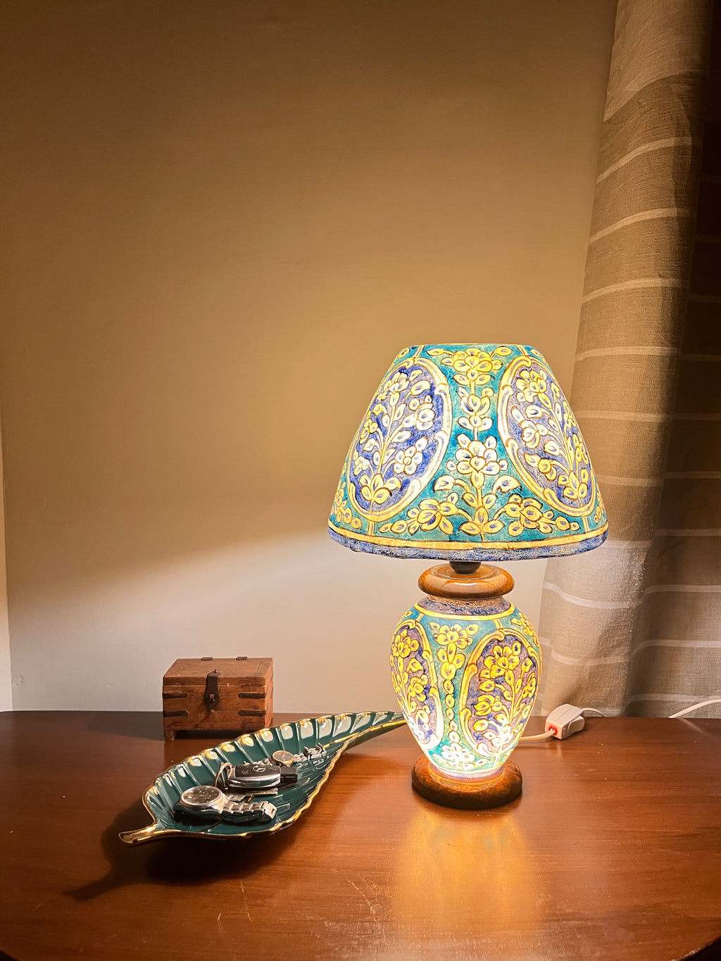 Hand-Painted Camel Skin Lamp Collection - Turquoise & Yellow Floral Design (3-Piece Set)