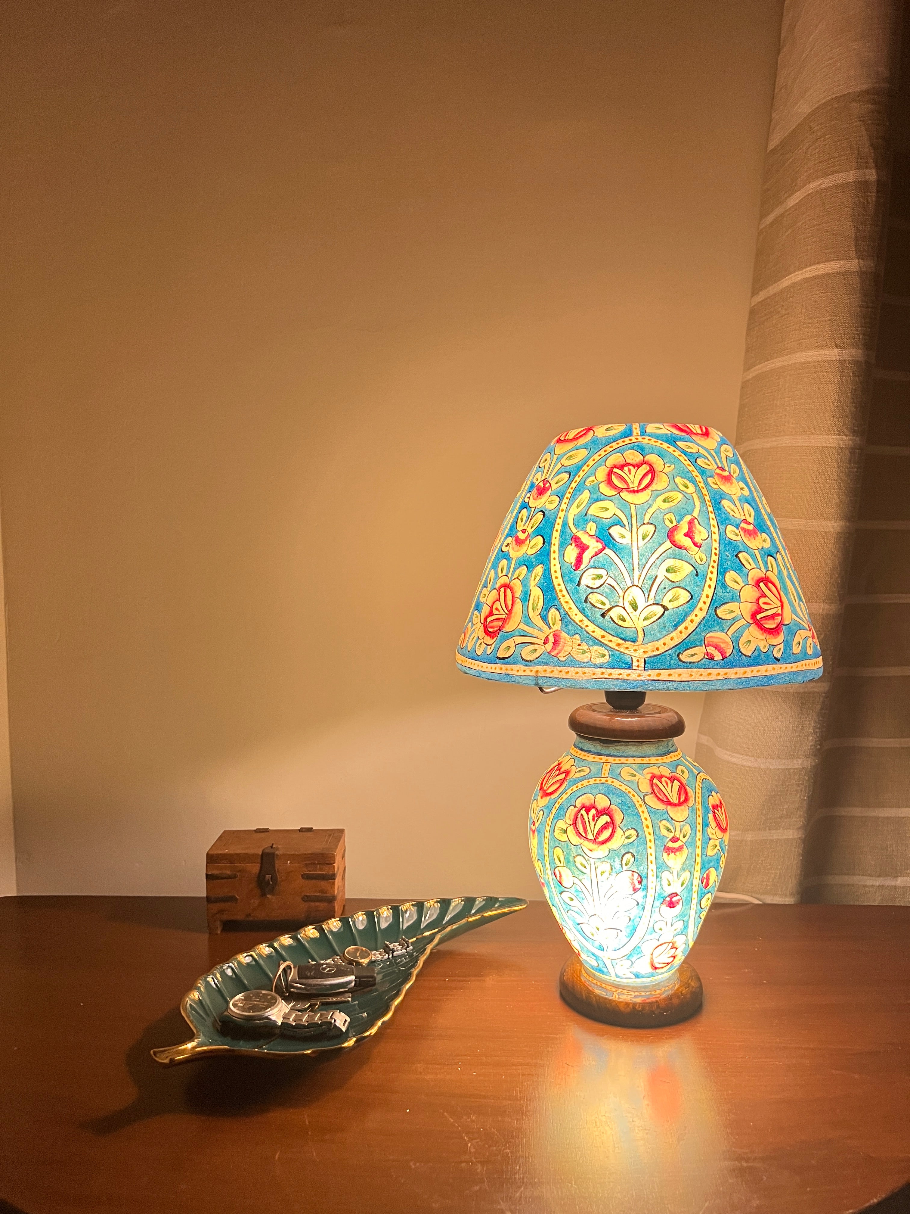 Hand-Painted Camel Skin Table Lamp - Turquoise Multicolor Floral (24 inch)