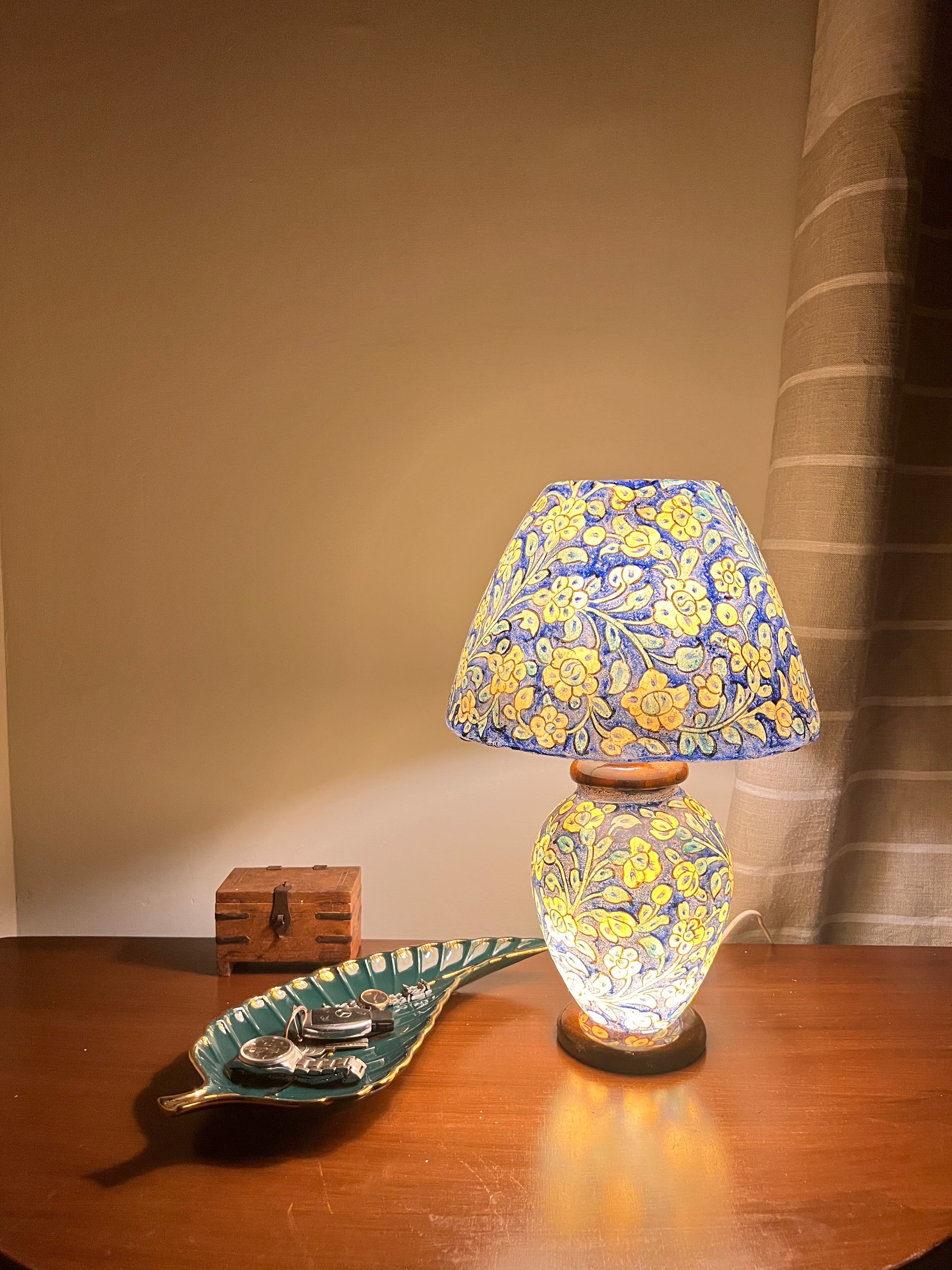 Hand-Painted Camel Skin Table Lamp - Blue & Yellow Floral Design (24 inch)