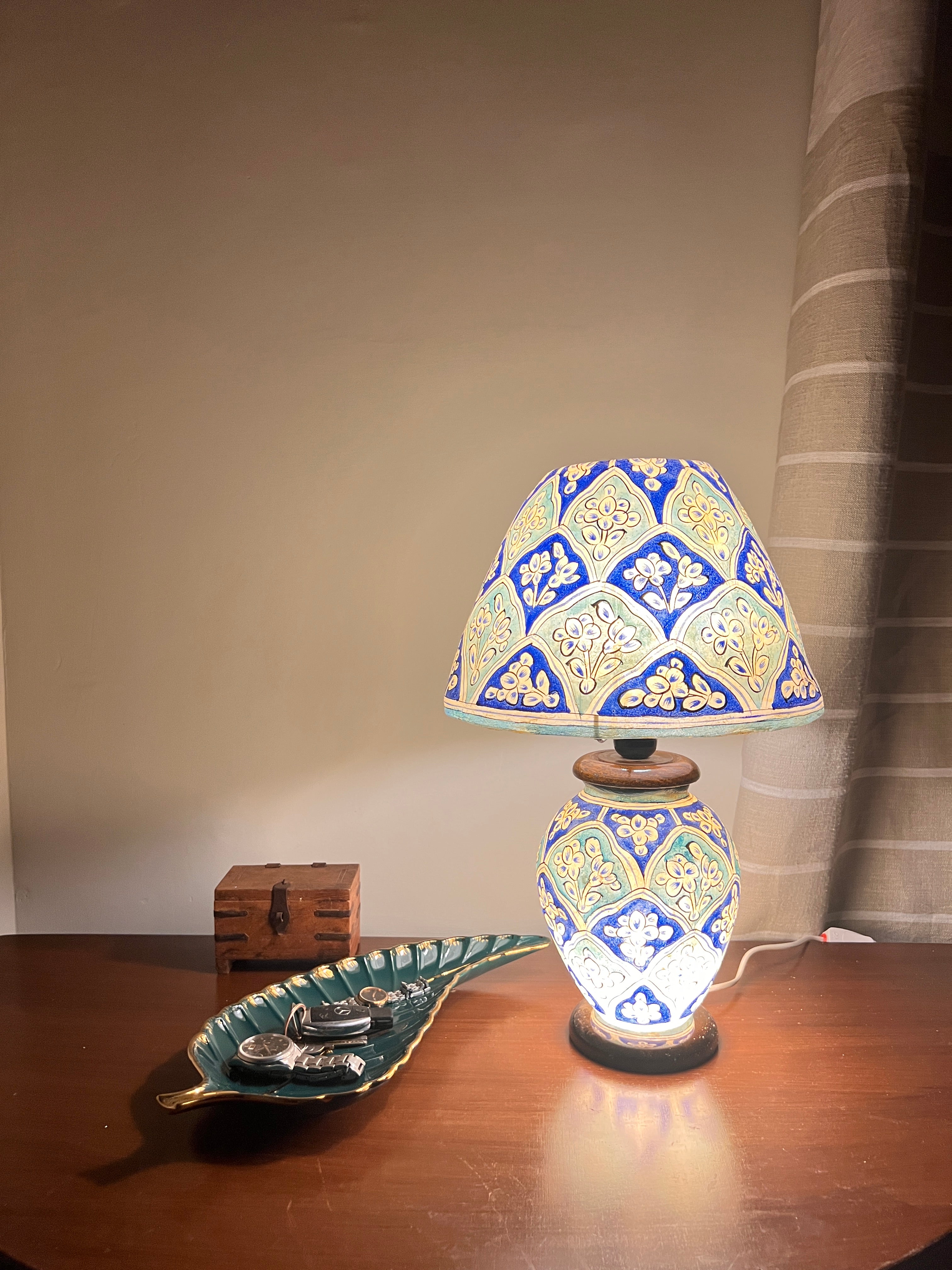 Hand-Painted Camel Skin Table Lamp - Blue & White Moroccan Design (24 Inch)