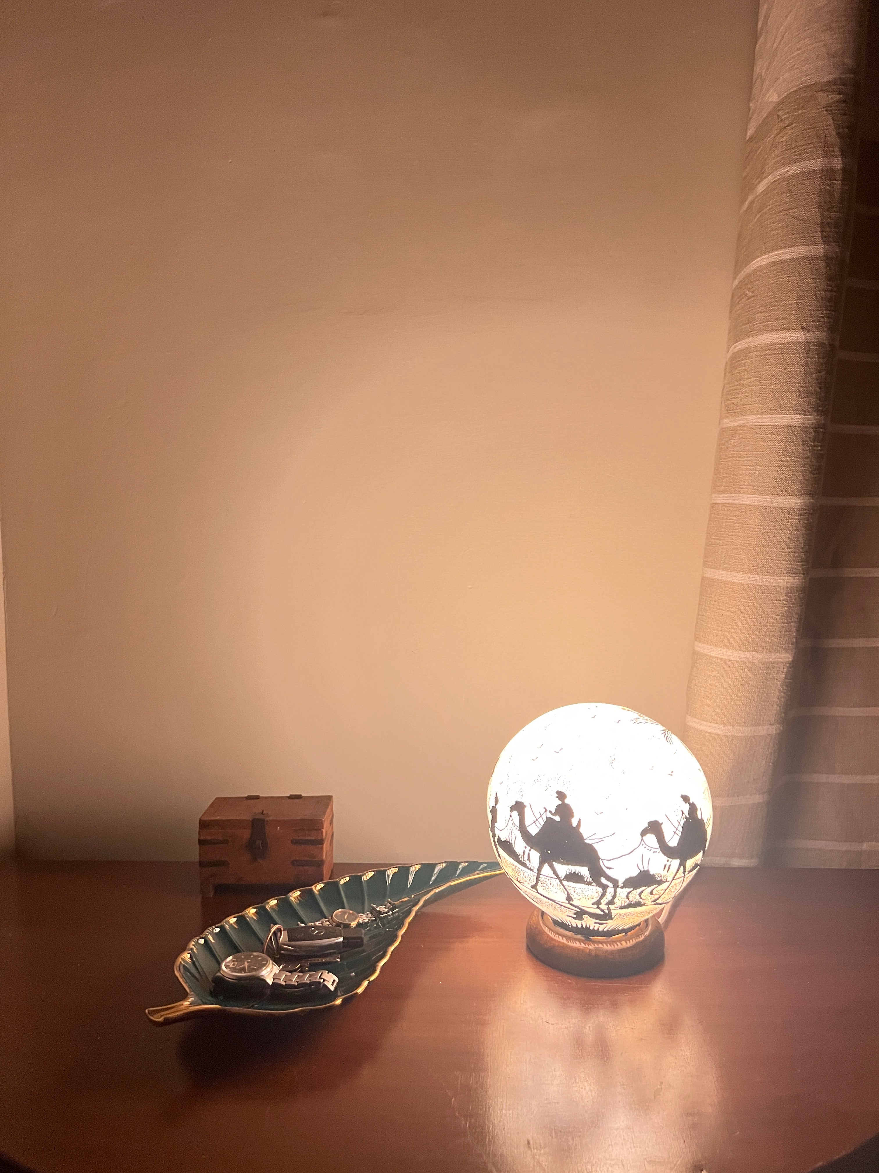 Hand-Painted Camel Skin Globe Lamp - White Desert (warm white glow)