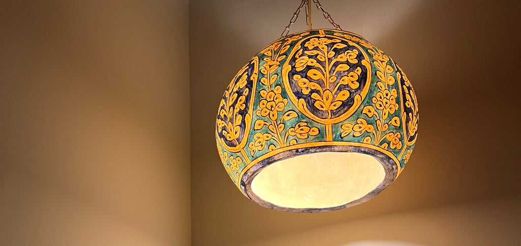 Hand-Painted Camel Skin Lamp Collection - Turquoise & Yellow Floral Design (3-Piece Set)