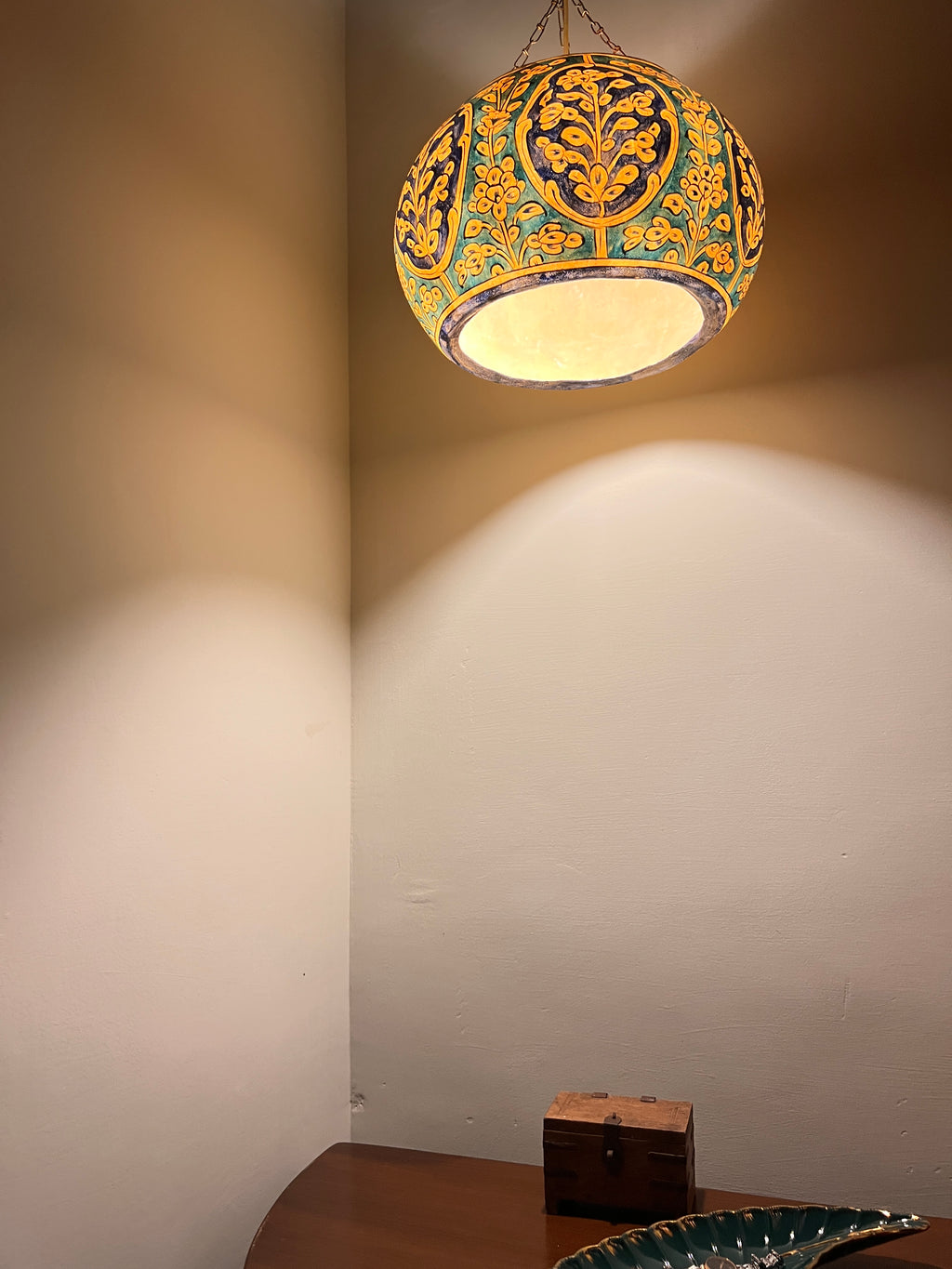 Hand-Painted Camel Skin Chandelier - Turquoise & Yellow Floral Design