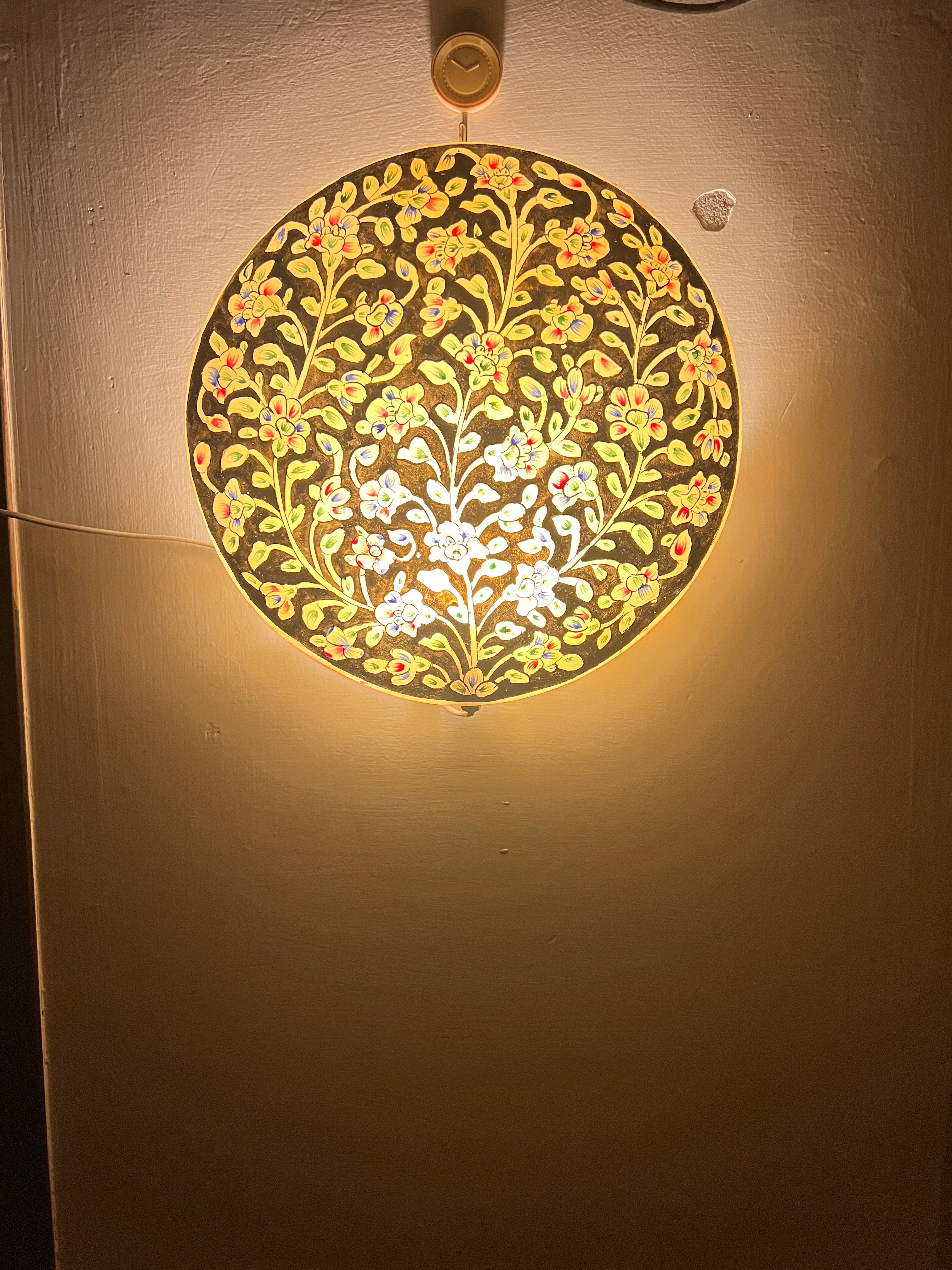 Hand-Painted Camel Skin Wall Hanging Lamp - Yellow & Brown Floral Circular Design