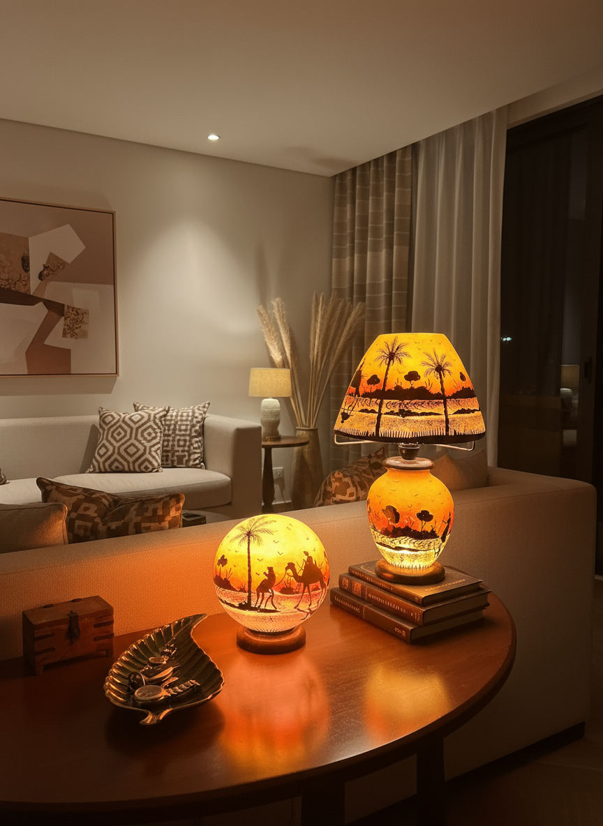 Desert scene camel skin lamp set - lifestyle