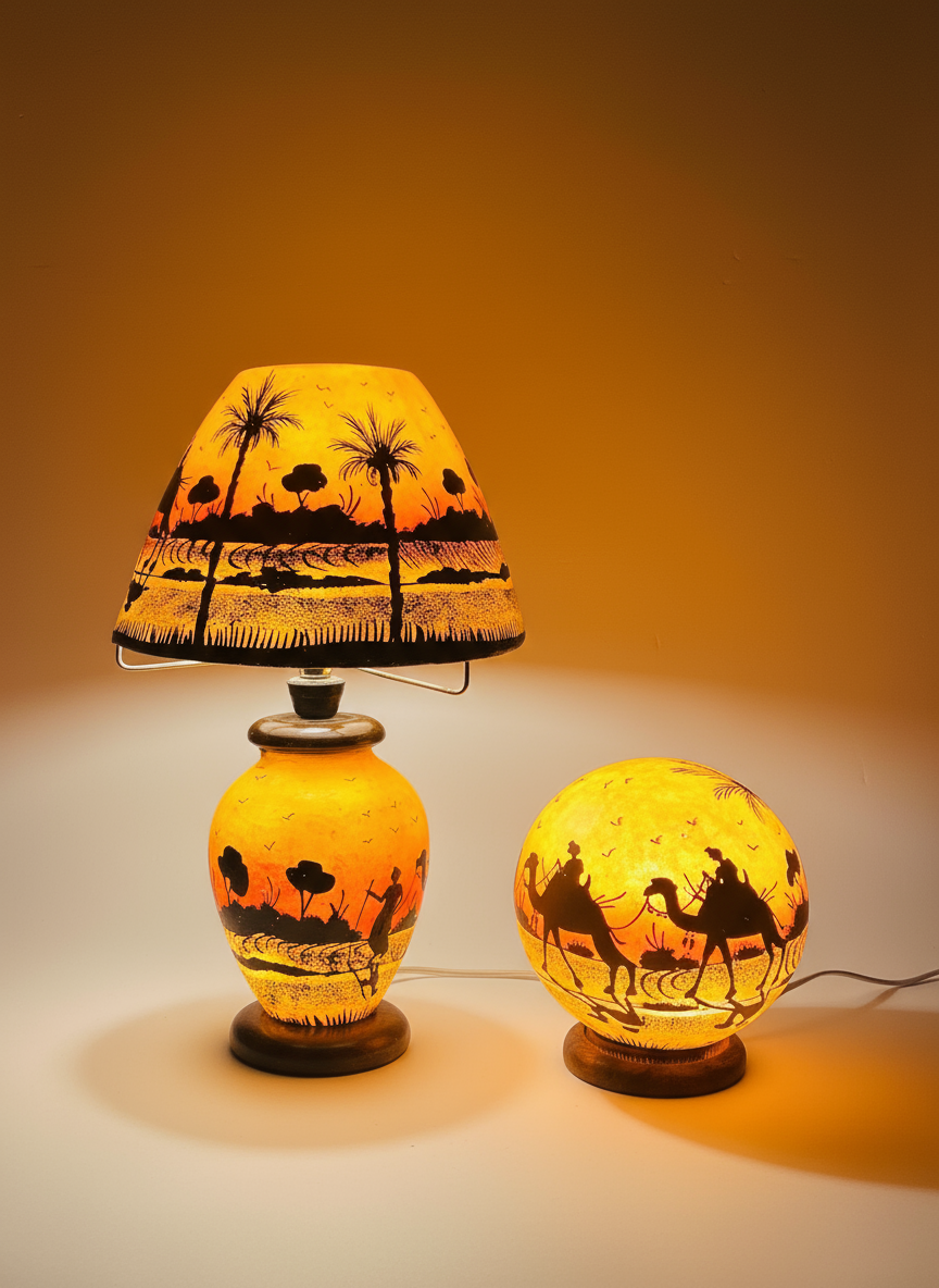 Desert scene camel skin lamp set - studio