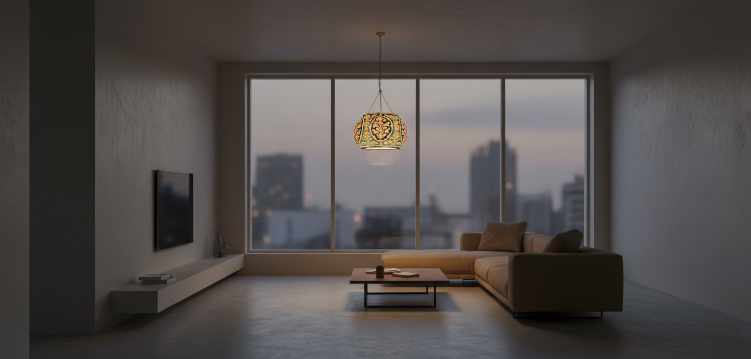 Ornate chandelier in dim living room - wide format