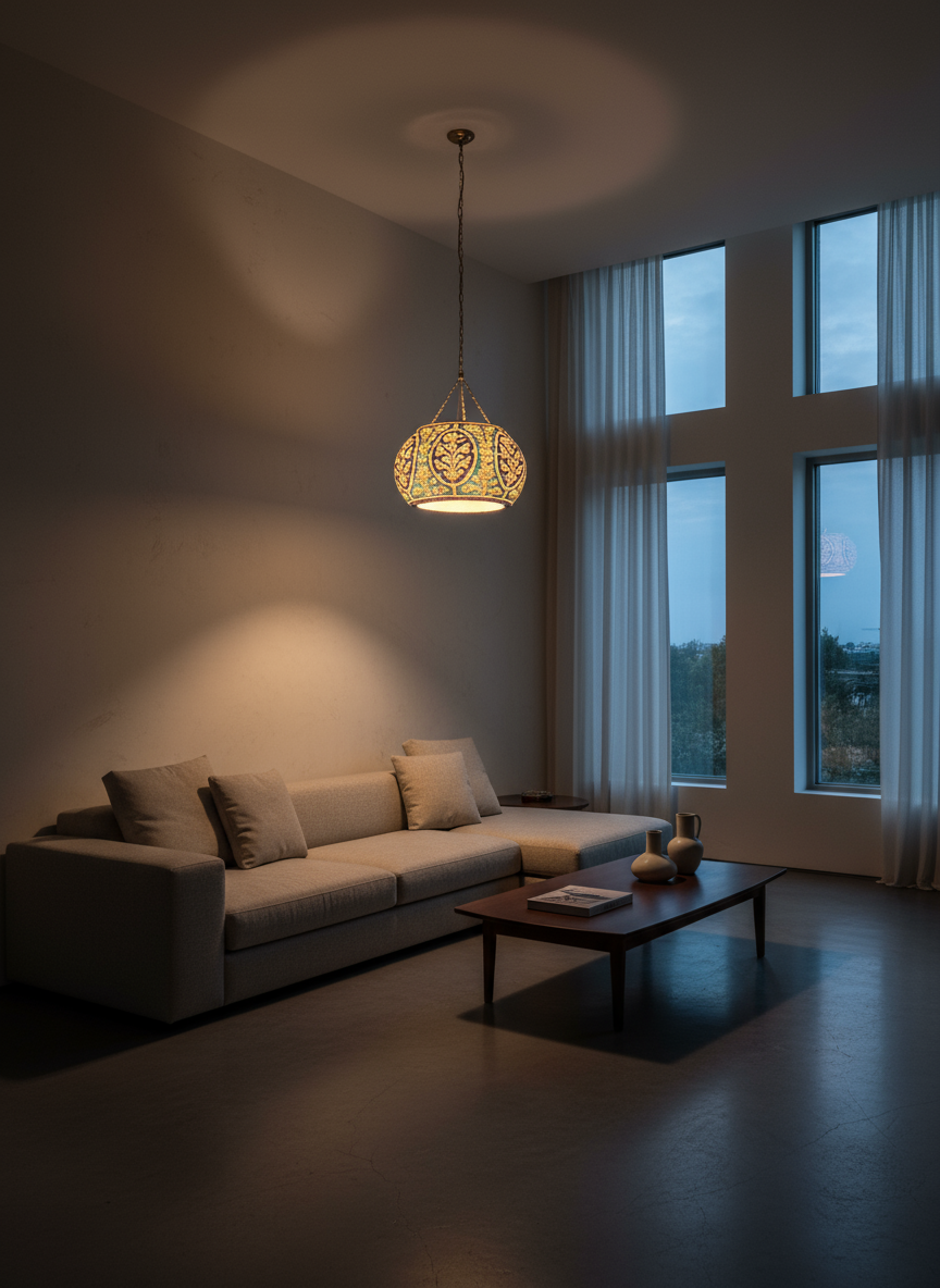 Hand-Painted Camel Skin Chandelier - Turquoise & Yellow Floral Design