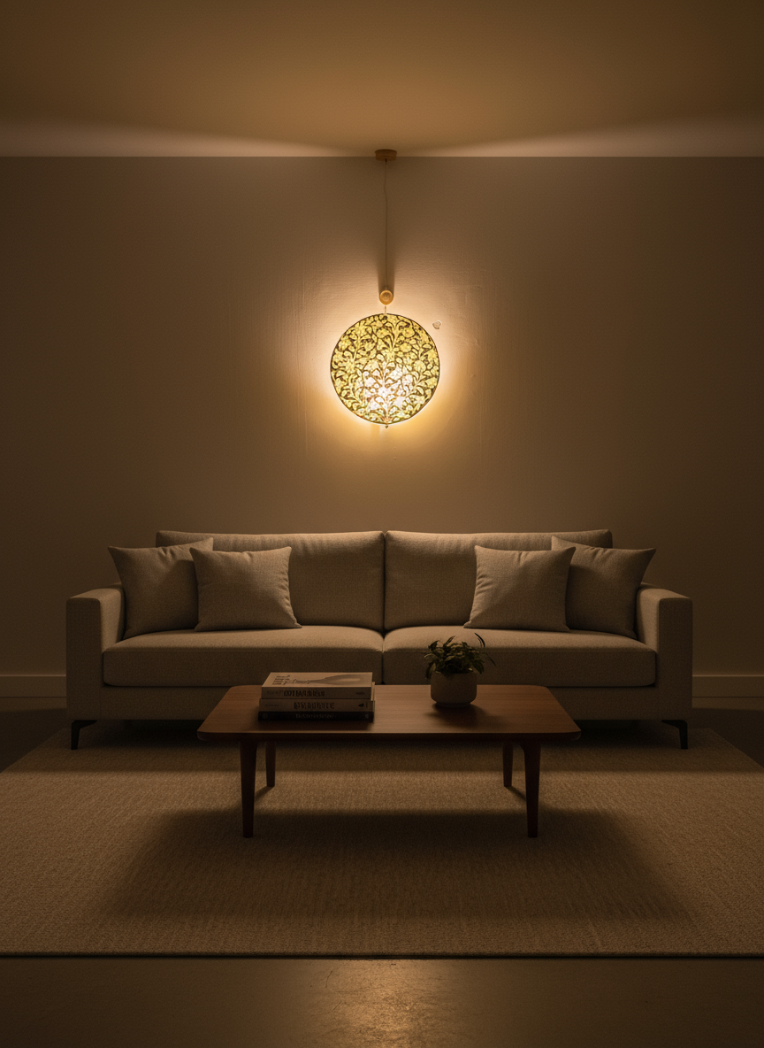 Wall lamp in dimly lit living room