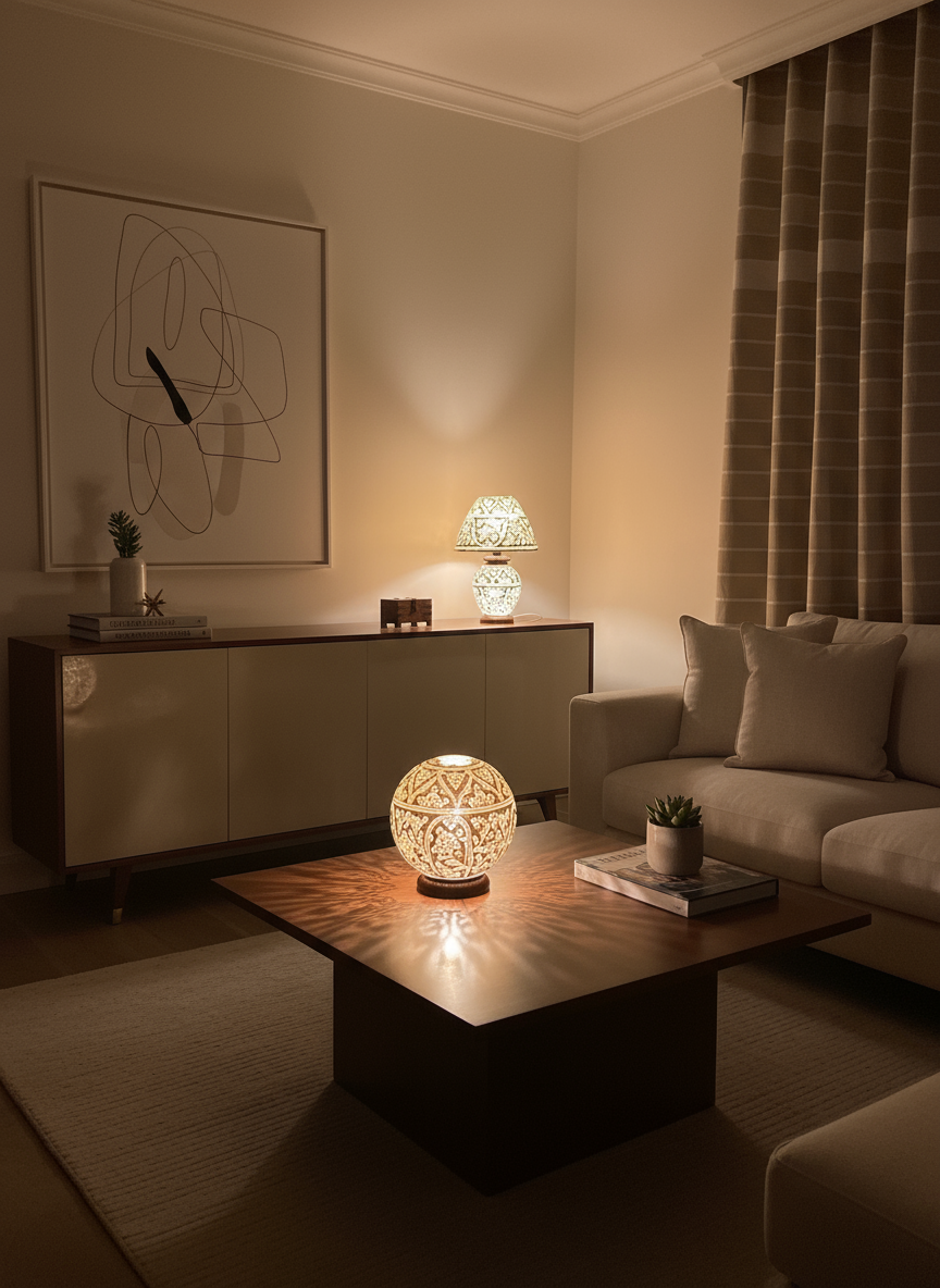 White geometric camel skin lamp set - lifestyle