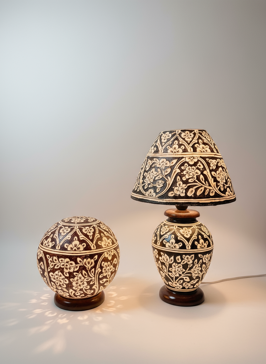 White geometric camel skin lamp set - studio